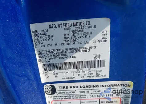 2013 Ford F150 Supercrew z USA, uszkodzony, nr VIN 1FTFW1ETXDFC17138